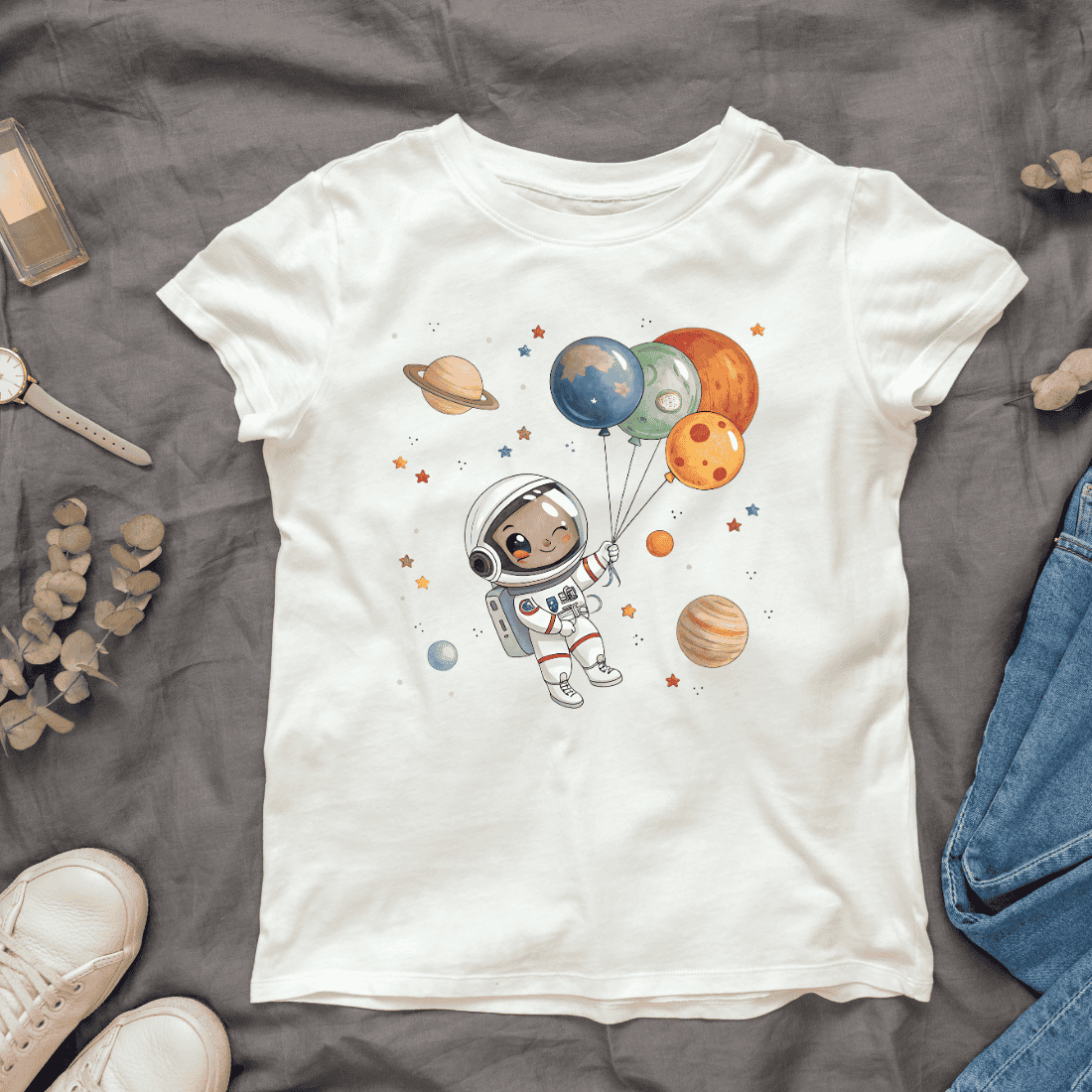 Cute Astronaut with Planet Balloons T-shirt Design cover image.