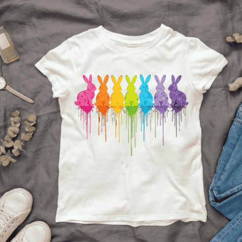 Row of Colorful Bunnies with Dripping Paint T-shirt Design Bundle cover image.