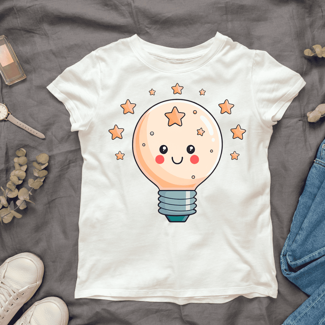 Adorable Light Bulb with Face T-shirt Design cover image.