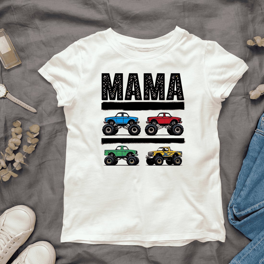 Monster Trucks with Mama Text T-shirt Design cover image.