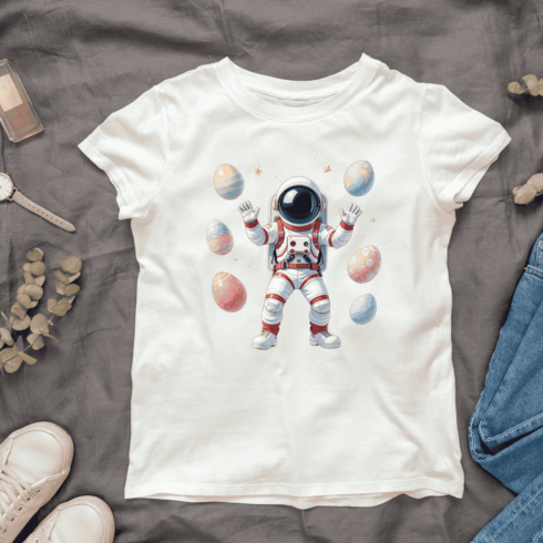 Cute astronaut With Colorful Eggs T-shirt Design cover image.