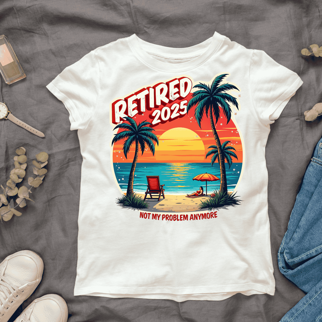 Palm Trees, Sunset & Retired 2025 Text T-shirt Design Bundle cover image.