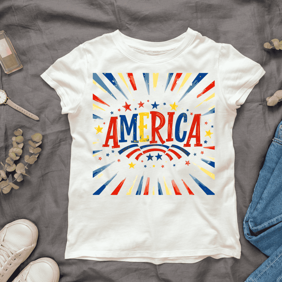 America Typography Patriotic Stars and Stripes T-shirt Design cover image.