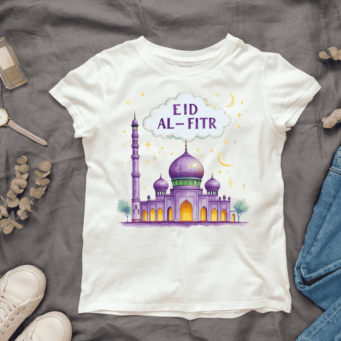 Mosque and Moon for Eid al-Fitr T-shirt Design cover image.