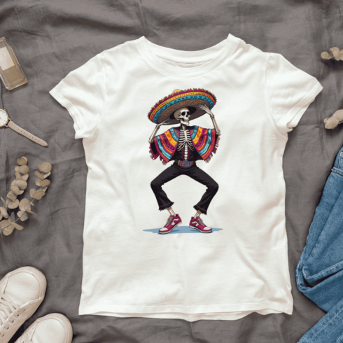 Festive Skeleton with Sombrero T-shirt Design cover image.