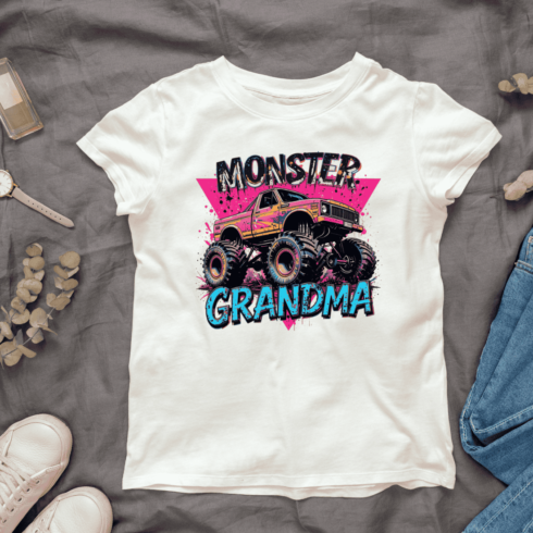 Pink Monster Truck with Grandma Text T-shirt Design cover image.