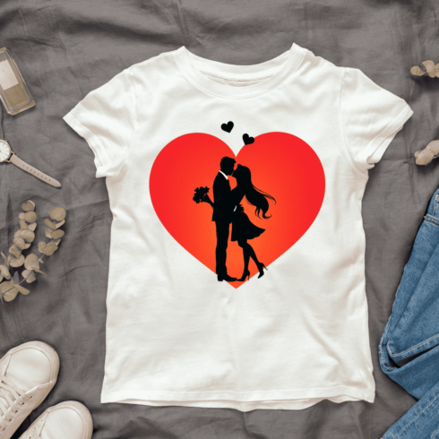 Romantic Couple Silhouette, Heart Background T-shirt Design Bundle cover image.