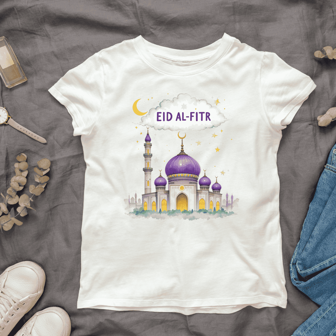 Colorful Mosque with Eid al-Fitr Text T-shirt Design cover image.