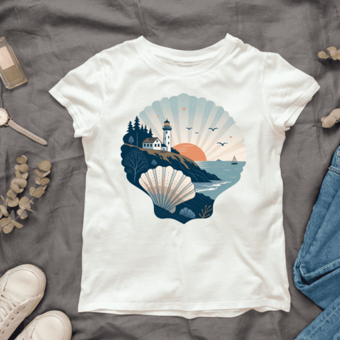 Seashell with Lighthouse on Cliff at Sunset T-shirt Design cover image.