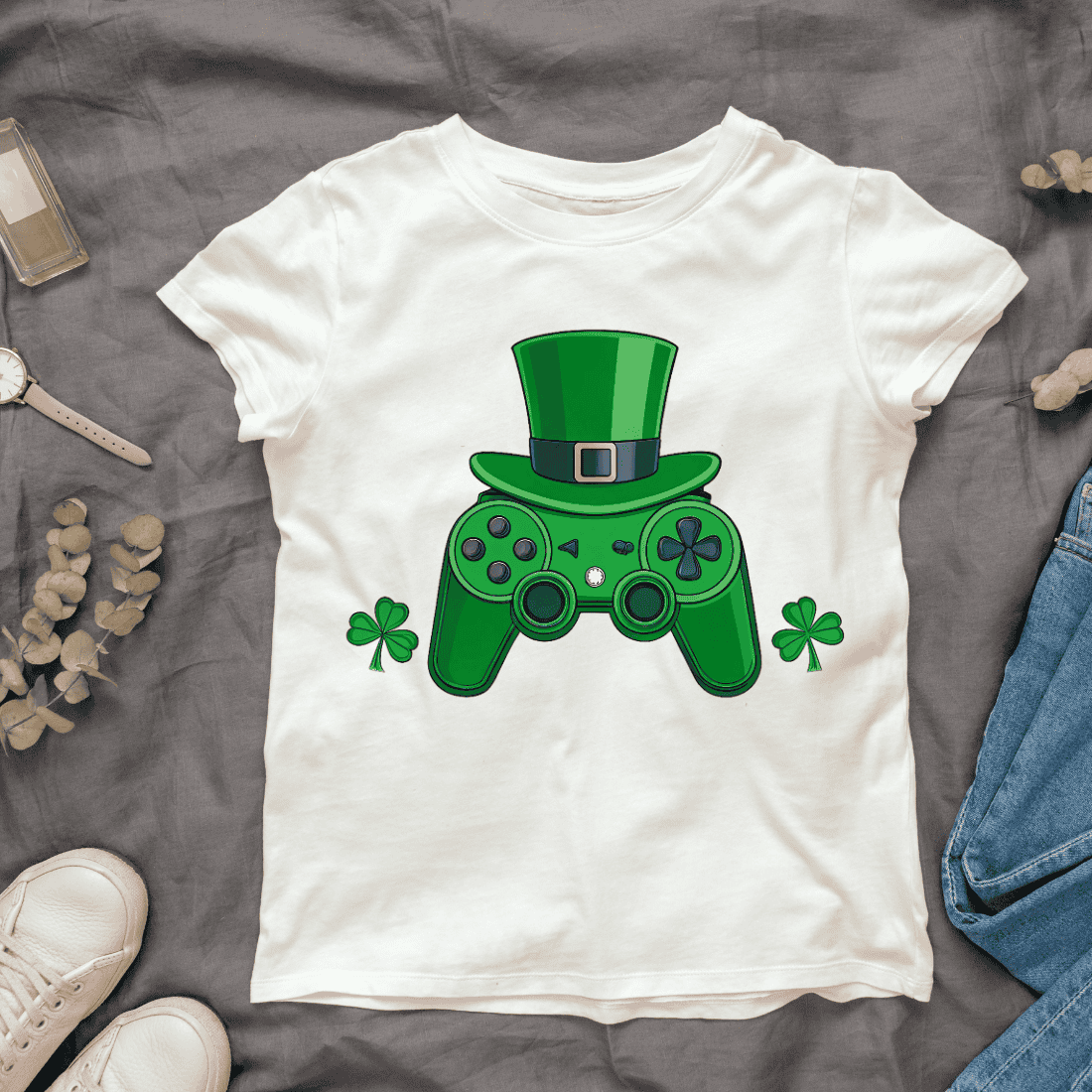 St Patrick's Day Game Controller Leprechaun Hat and Shamrocks T-shirt Design cover image.