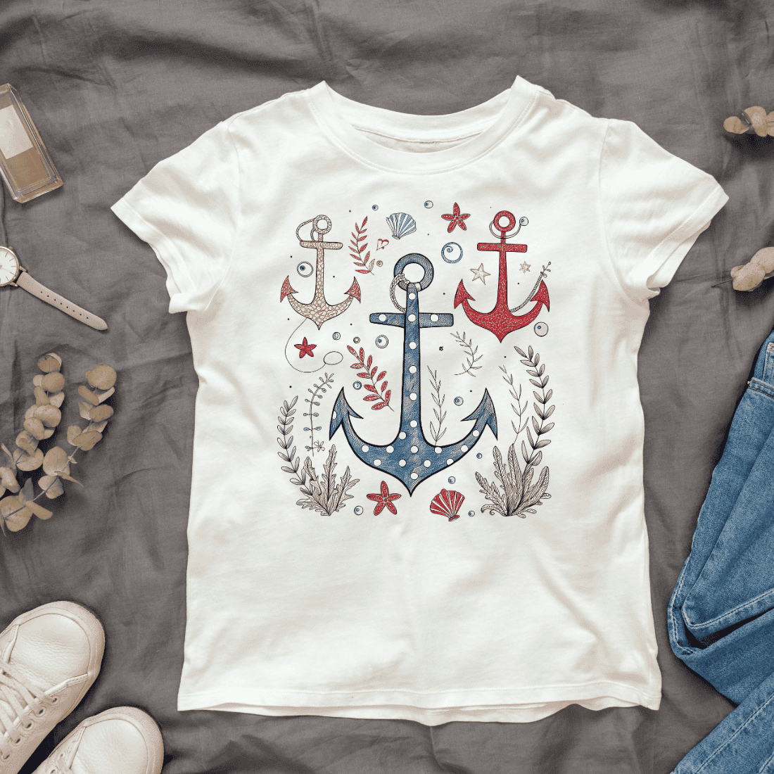 Nautical Element With Anchors and Shells T-shirt Design cover image.