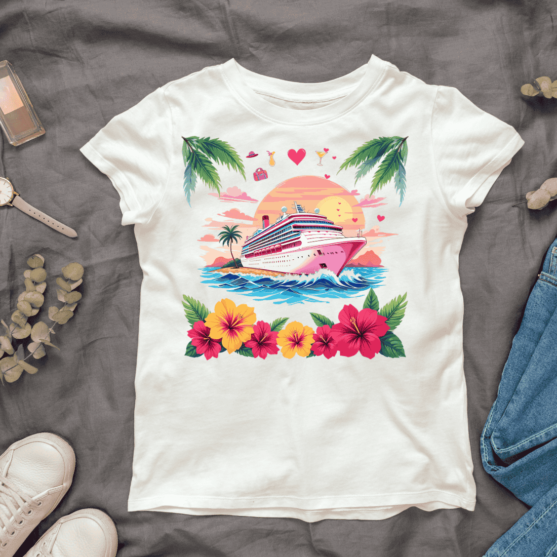 Sunset Cruise Ship T-shirt Design cover image.