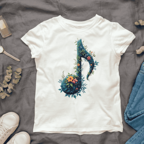 Flower Decorated Musical Note T-shirt Design cover image.