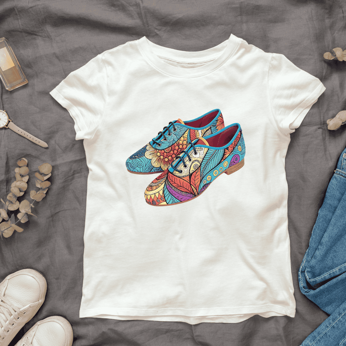 Vibrant Patterned Lace-Up Shoes T-shirt Design cover image.