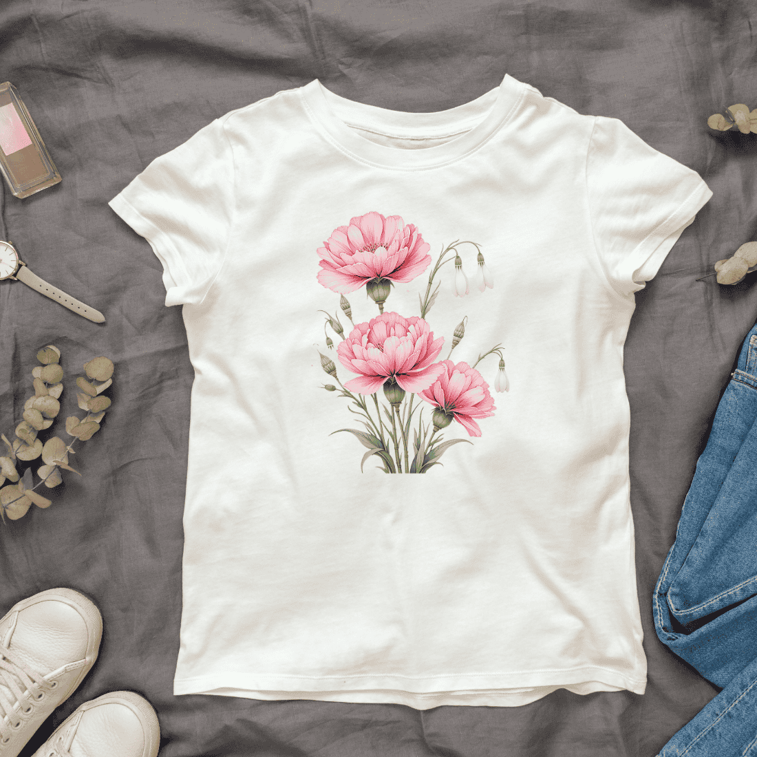 Pink Peony and Snowdrop T-shirt Design cover image.