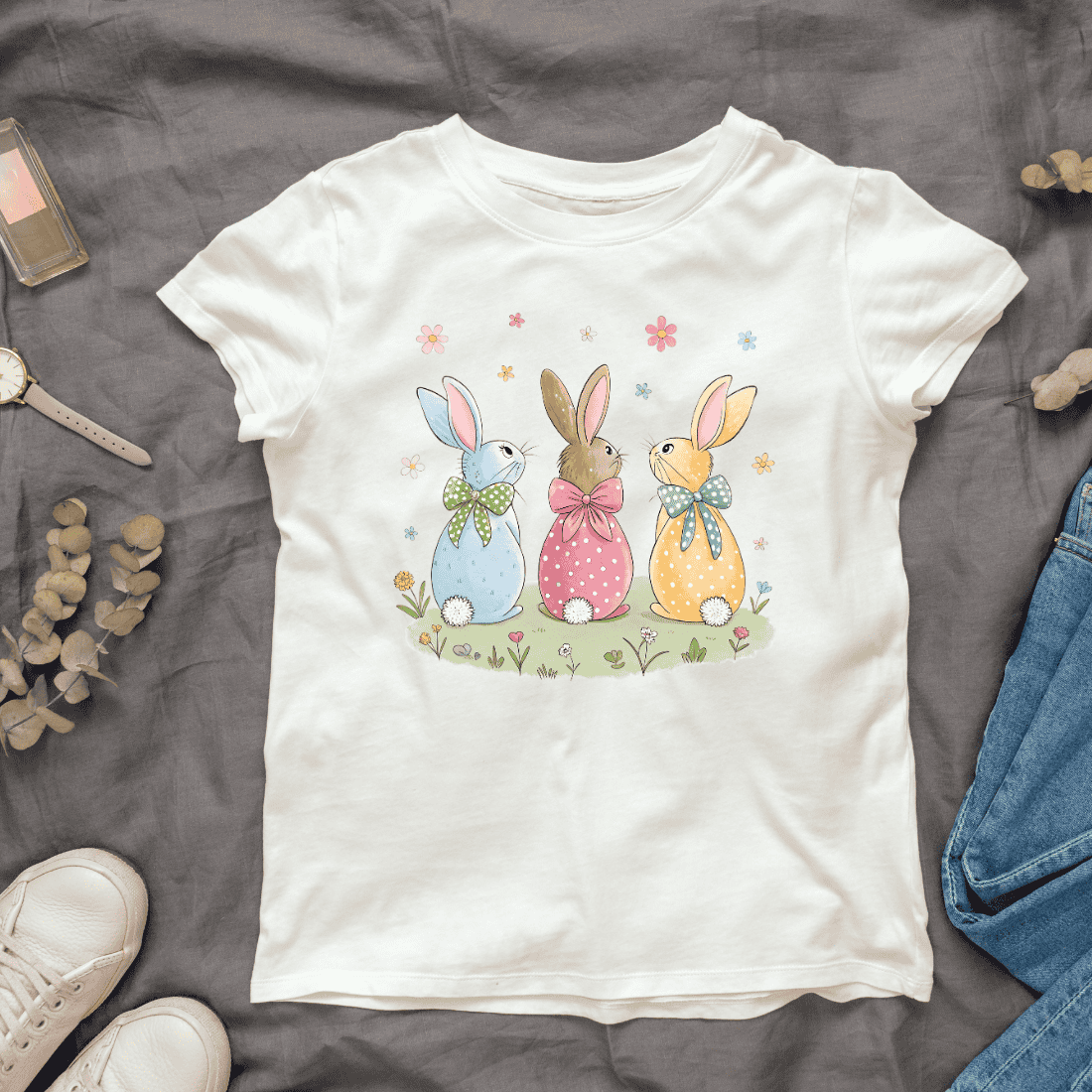 Pastel Bunnies with Flowers T-shirt Design cover image.