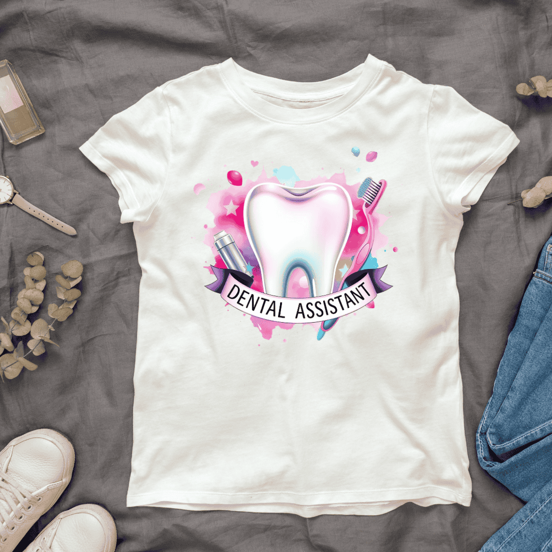 Watercolor Dental Assistant T-shirt Design cover image.