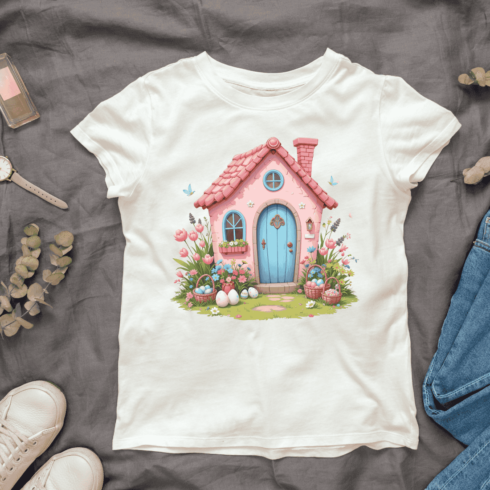 Cottage with Flower Garden and Eggs T-shirt Design cover image.