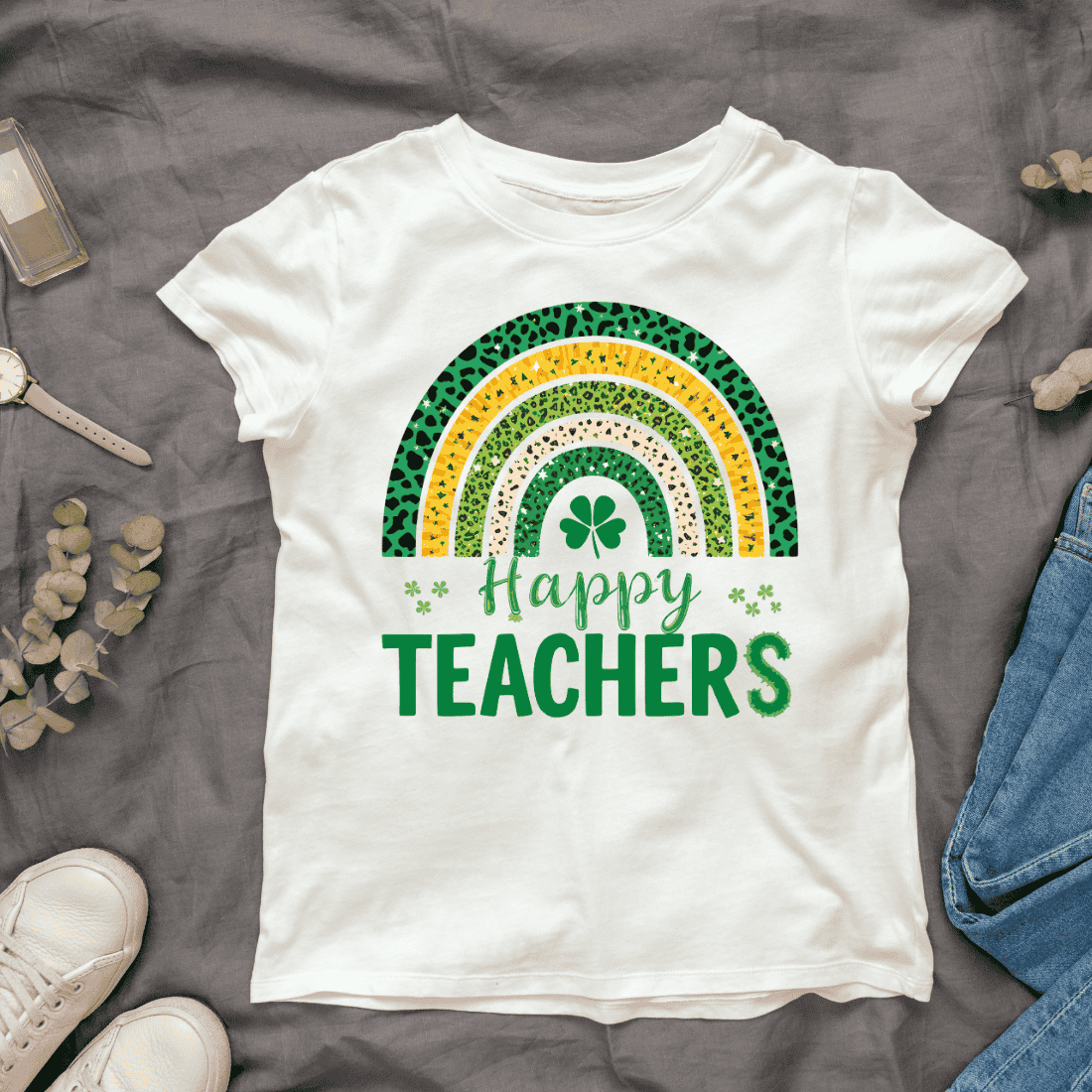 Colorful Rainbow with Shamrock for Teachers Day T-shirt Design cover image.