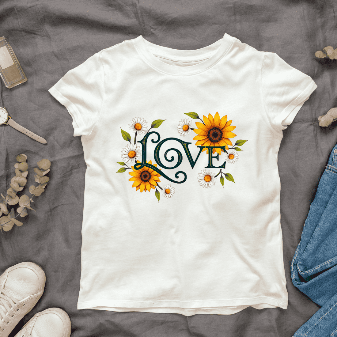 Love with Flowers, Sunflowers and Daisies T-shirt Design Bundle cover image.