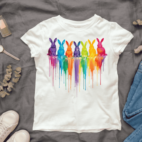 Rainbow of Bunny Silhouettes with Paint Drips T-shirt Design Bundle cover image.