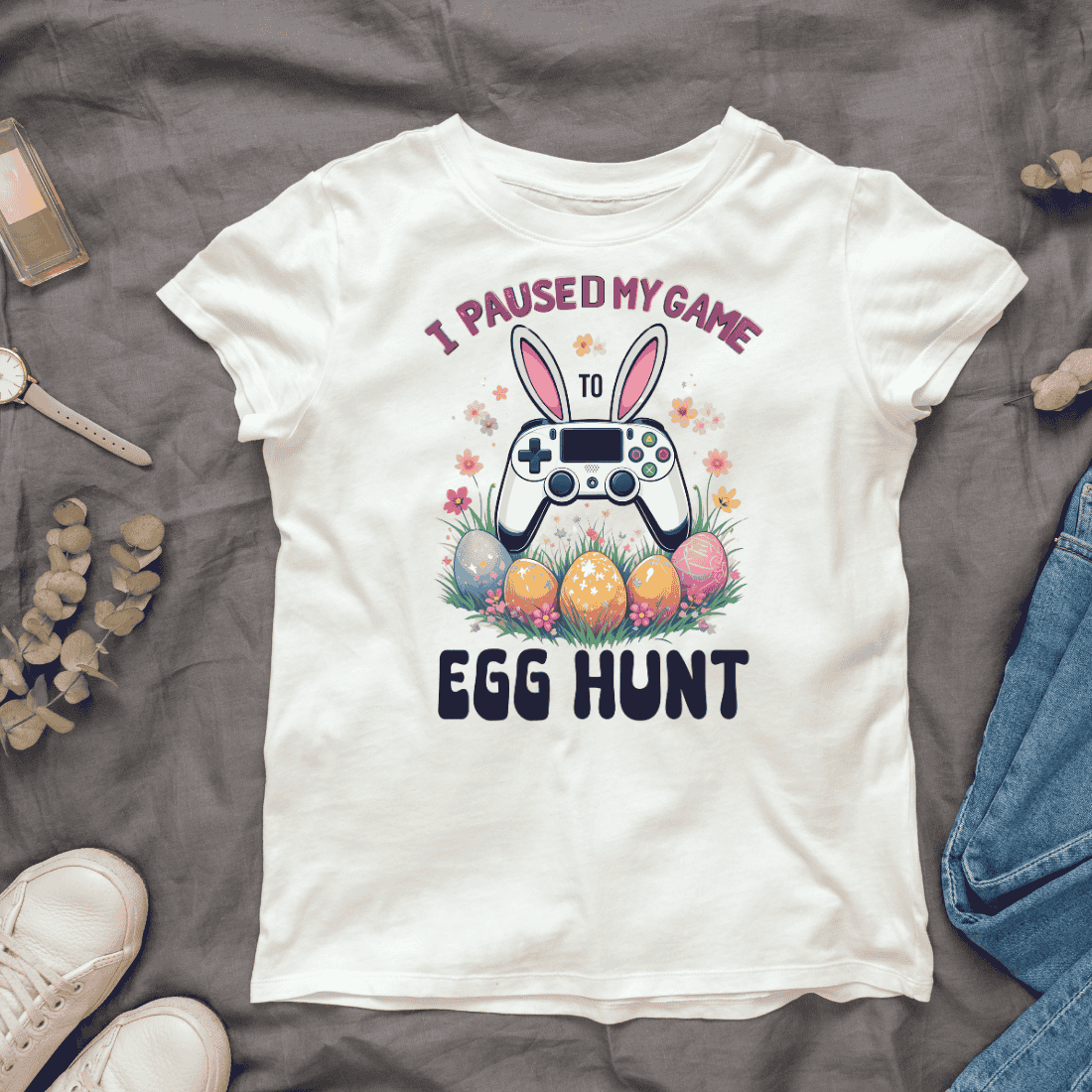 Egg Hunt & Video Game Controller T-shirt Design cover image.