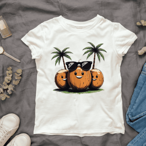 Cute Coconuts with Sunglasses and Palms T-shirt Design cover image.