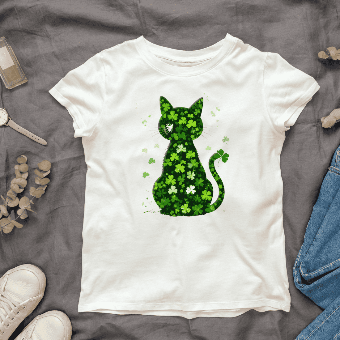 Shamrock Cat Silhouette T-shirt Design cover image.