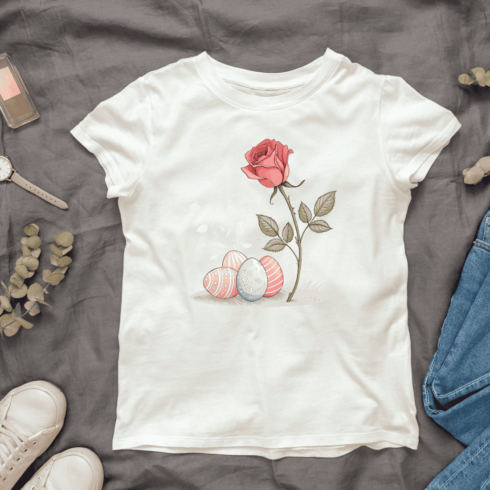 Watercolor Rose and Eggs T-shirt Design cover image.