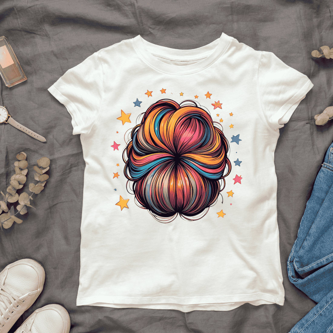 Colorful Hair Bun T-shirt Design cover image.