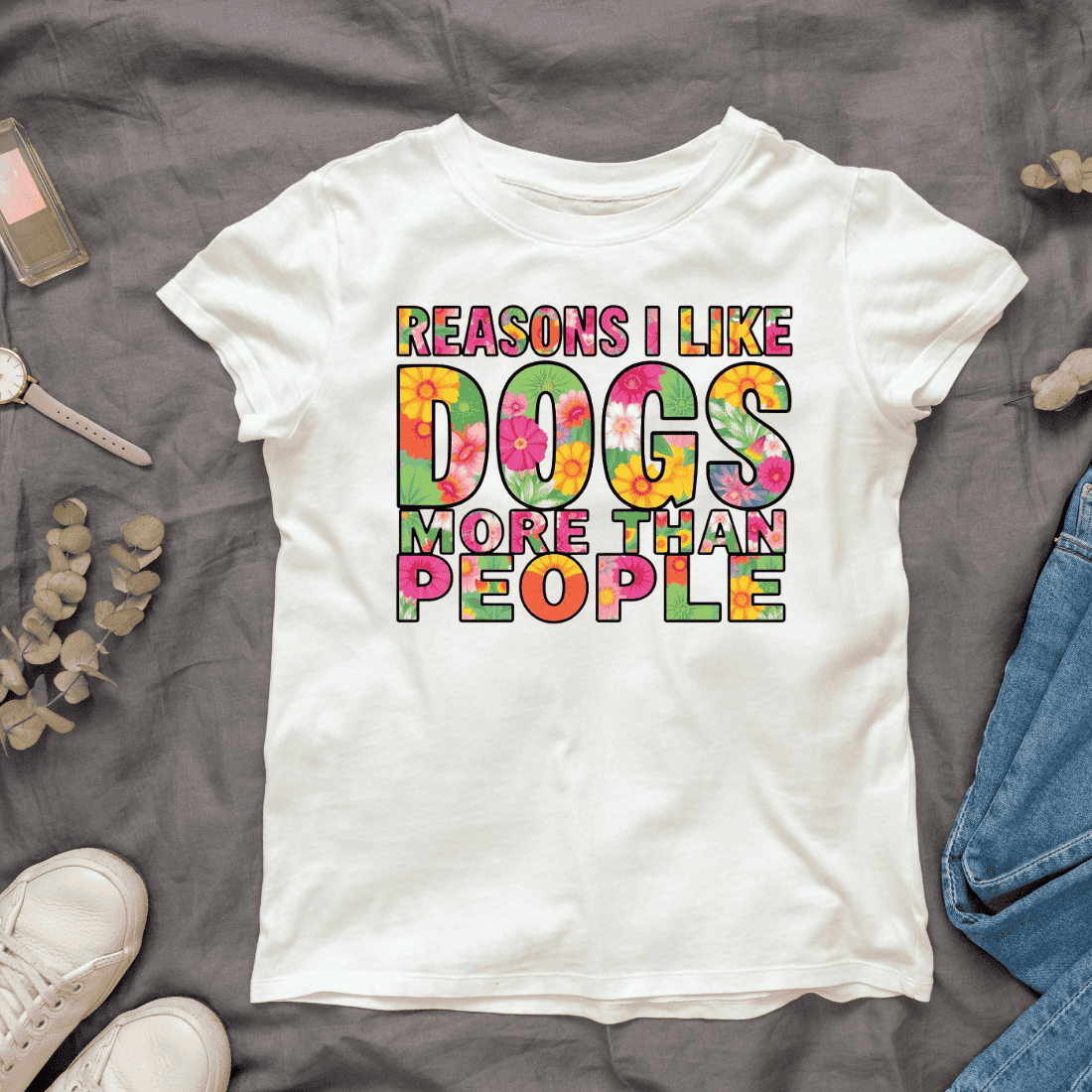 Reasons I Like Dogs Colorful Text T-shirt Design cover image.