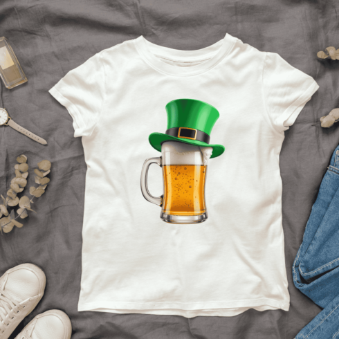 St Patrick's Day Beer with Leprechaun Hat T-shirt Design cover image.