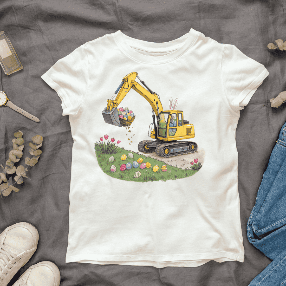 Eggs and Construction Vehicle T-shirt Design cover image.