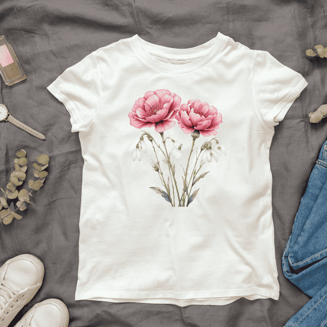 Watercolor Pink Flowers T-shirt Design cover image.