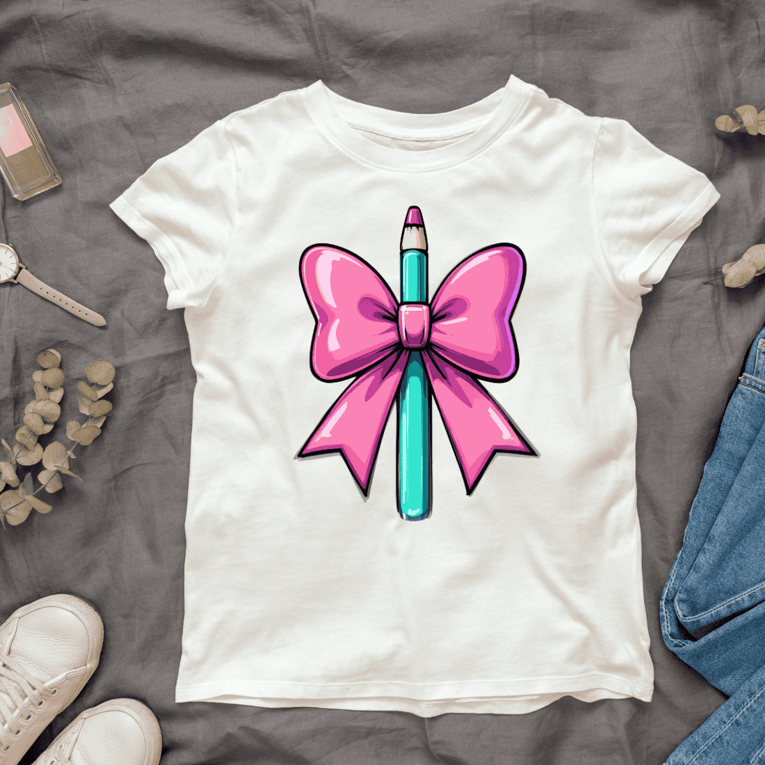 Teal and Pink Pencil with Bow T-shirt Design cover image.