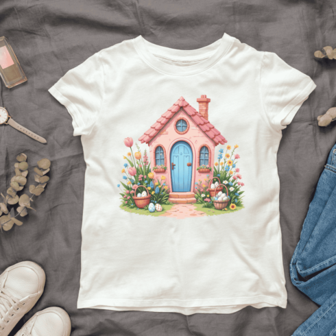 Small Spring Cottage with Chimney T-shirt Design cover image.