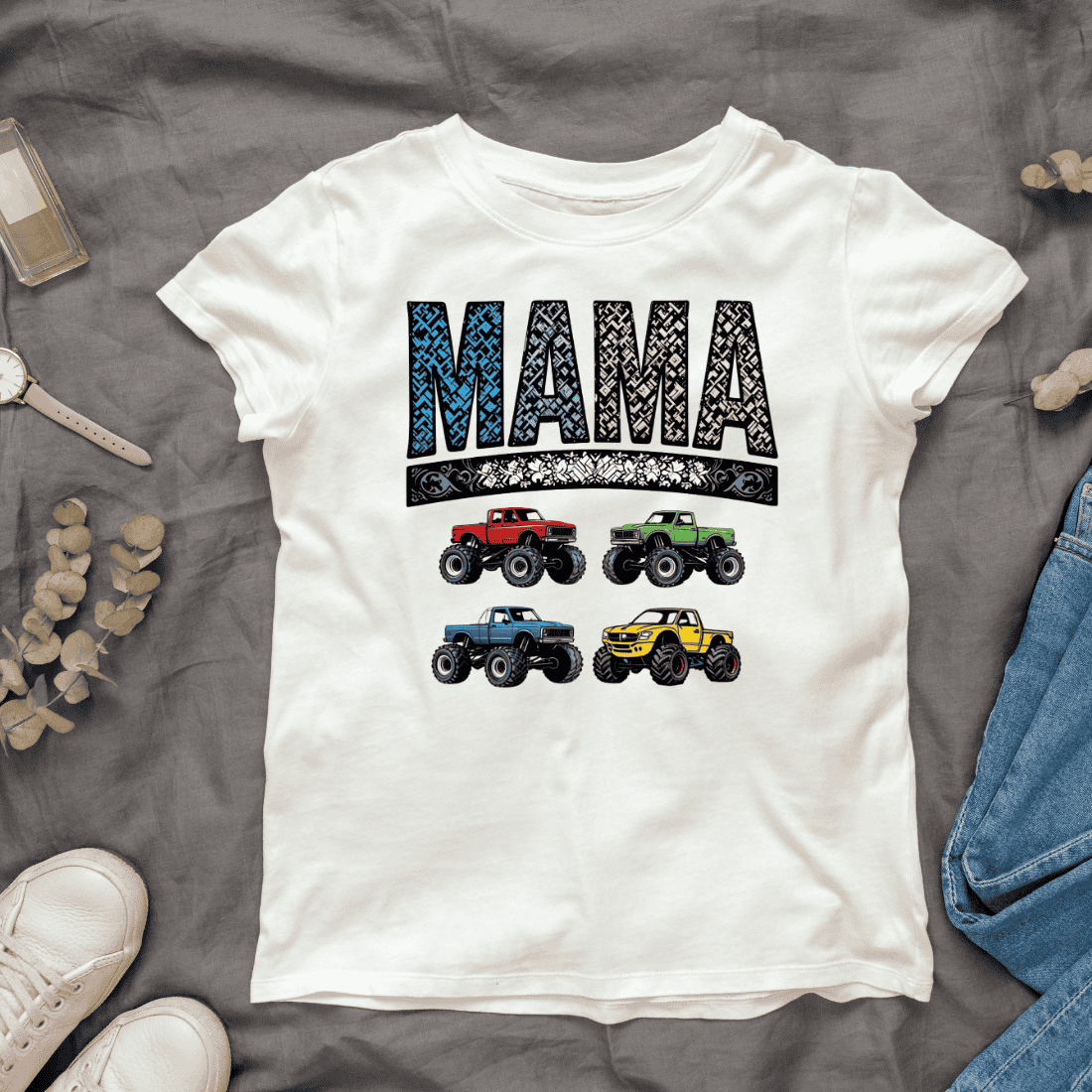 Dark color Mama Monster Truck T-shirt Design cover image.