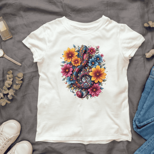 Colorful Floral Treble Clef T-shirt Design cover image.