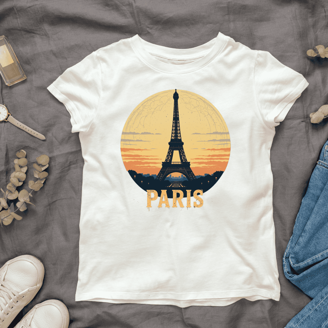 Retro Sunset Eiffel Tower T-shirt Design preview image.