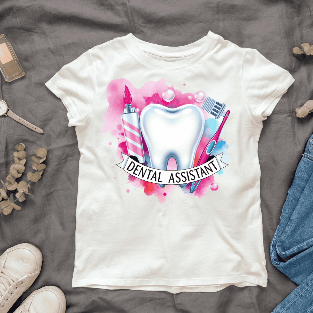 Dental Assistant Text with Tooth T-shirt Design cover image.