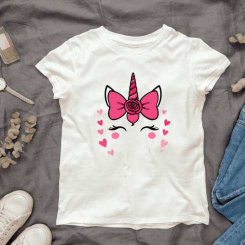 Pink Unicorn with Hearts T-shirt Design cover image.