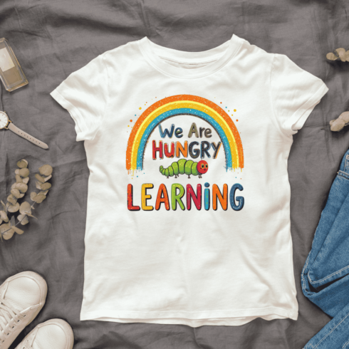 Rainbow and Caterpillar Learning T-shirt Design cover image.