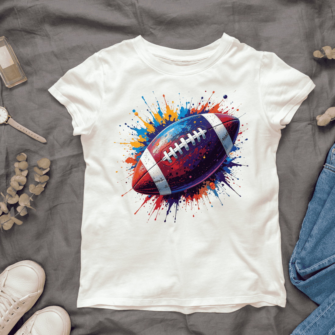 Vibrant Colors and Splatter Effect American Football T-shirt Design cover image.