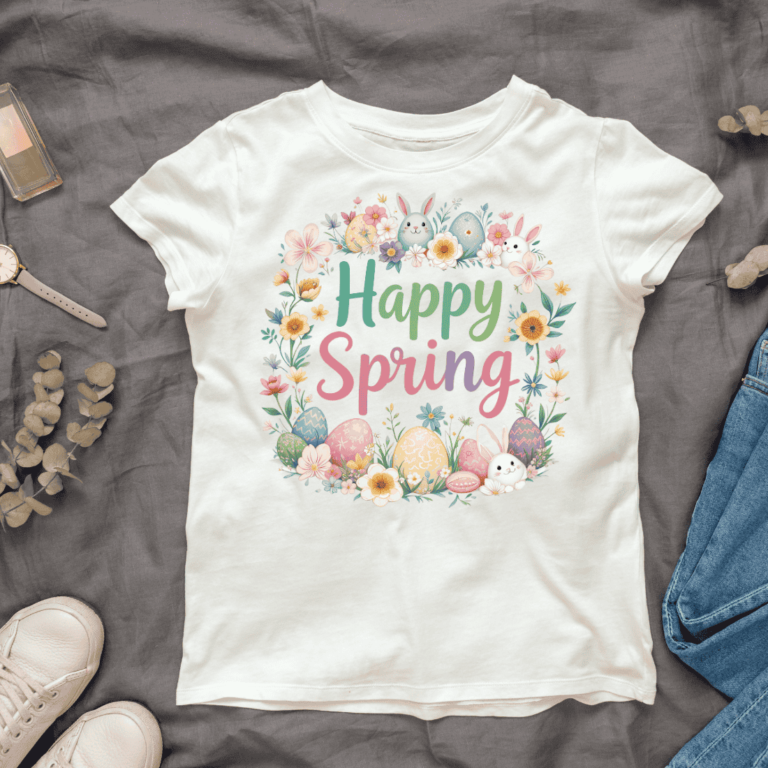 Spring Flowers and Bunny T-shirt Design cover image.