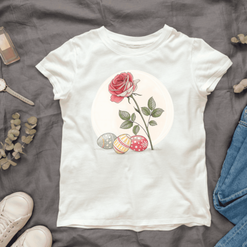 Rose with Decorated Eggs T-shirt Design cover image.