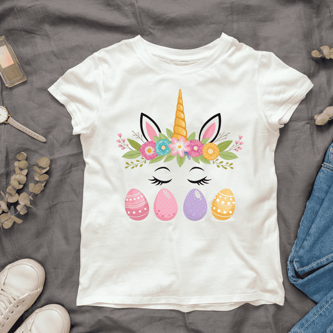 Unicorn and Eggs T-shirt Design cover image.