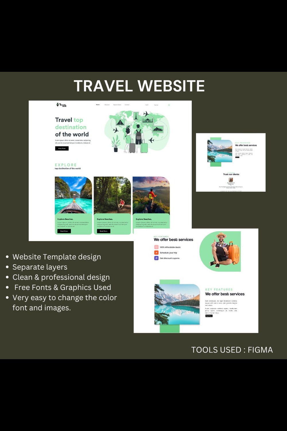 TRAVEL WEBSITE TEMPLATE pinterest preview image.