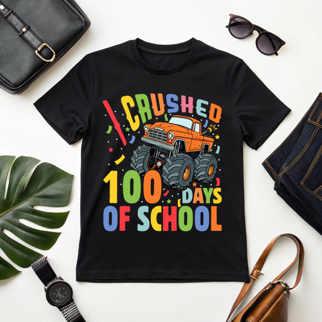 Trendy 100 days of school crushed 100 days of school monster truck design for kids and teachers cover image.