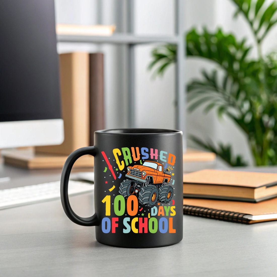 trendy 100 days of school crushed 100 days of school monster truck design for kids and teachers 2 black mug mock up 66