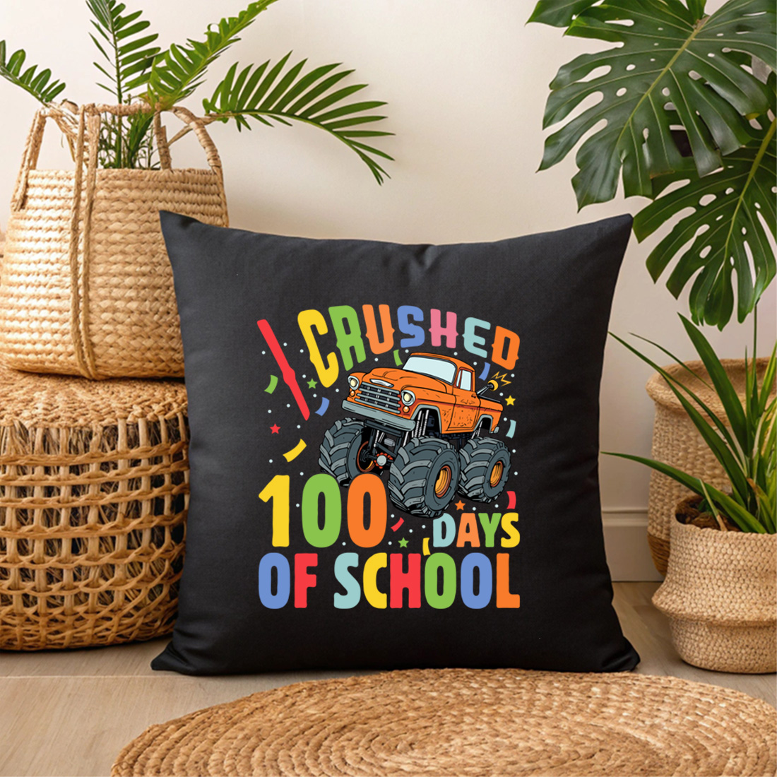 trendy 100 days of school crushed 100 days of school monster truck design for kids and teachers 3 black pillow mock up 186